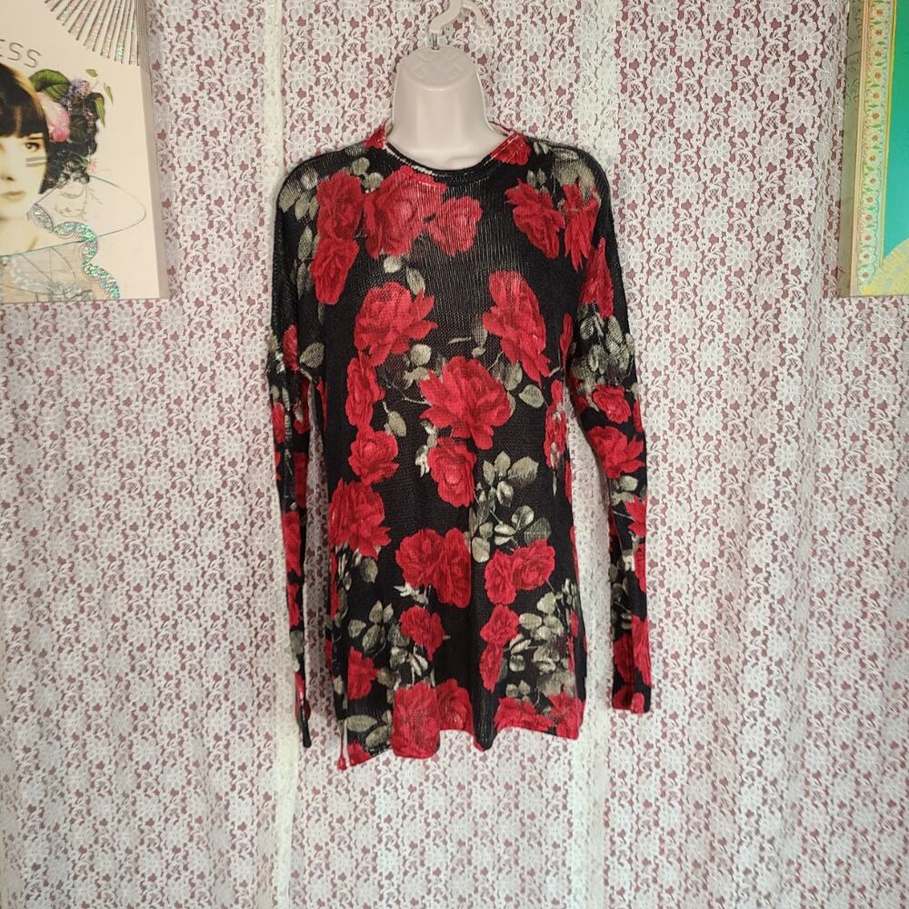 Show me your Mumu black red green oversized floral knit long sleeve top size xs - Picture 5 of 11